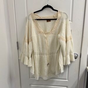 POL Size Large Rabbit Fur And Wool Blend Cream Lace Boho Prairie Oversize Tunic